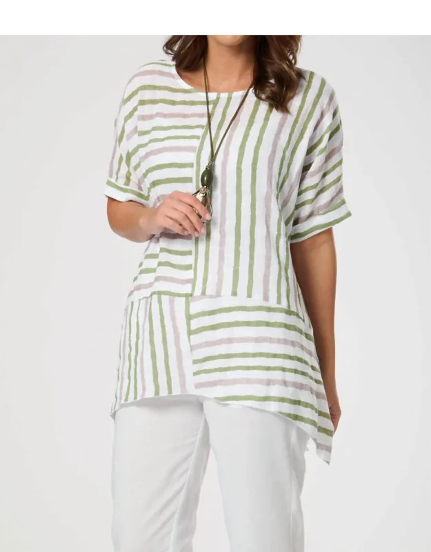 Striped Top With Paneled Construction And Dipped Hem