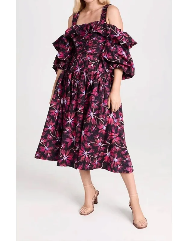 Ruffled Floral Print Midi Dress
