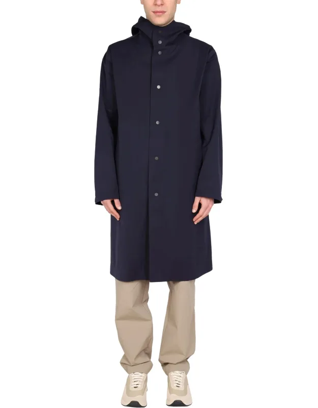 Hooded Trench Coat With High Neck And Snap Button Closure