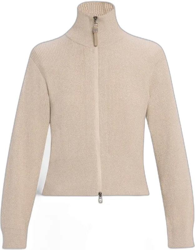 Sparkly Cashmere Rib Long-sleeve Zip Cardigan
