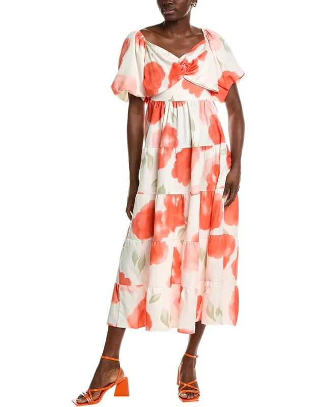 Tiered Midi Dress With Puff Sleeves And Twisted Bodice