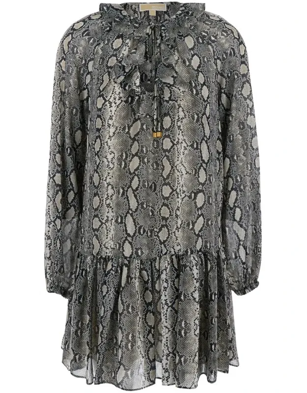 Crewneck Mini Dress With Long Puffed Sleeves And All-over Snakeskin Print In Tech Fabric