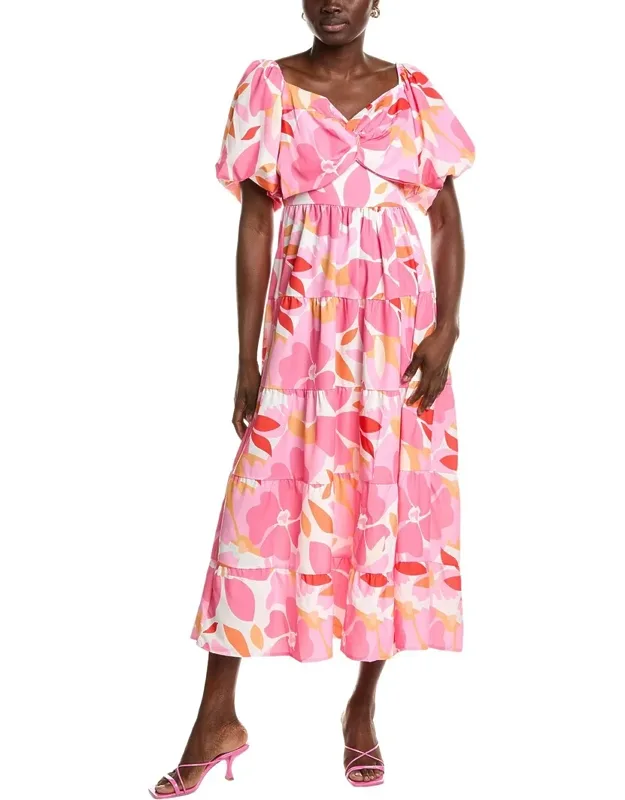 Tiered Midi Dress With Puff Sleeves And Twisted Bodice