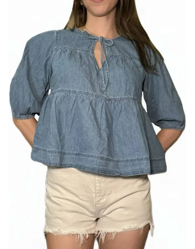 Ruffle Hem Tie Closure Denim Top