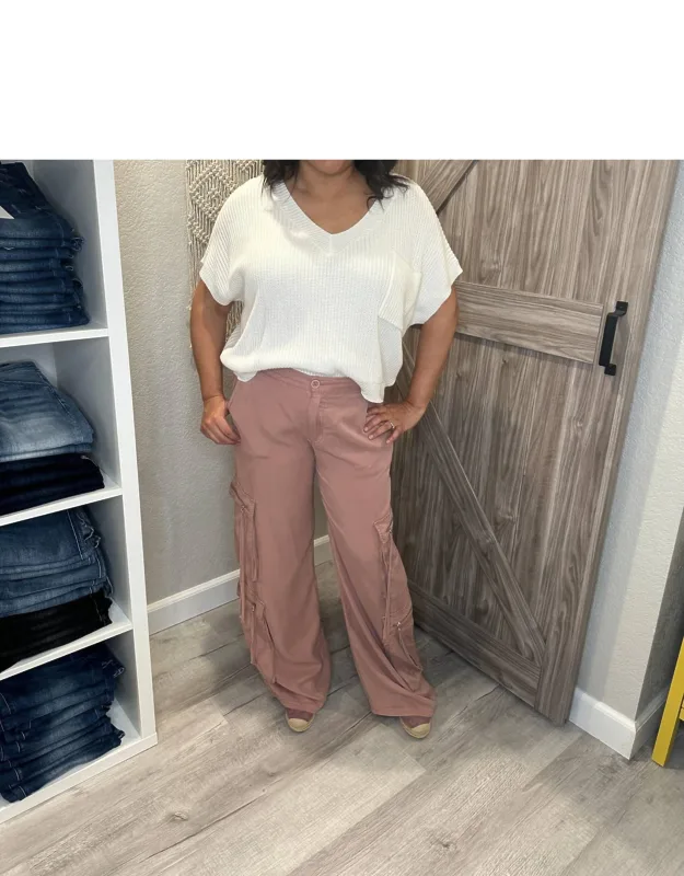 High Rise Wide Leg Tencel Multi Pocket Cargo Pants