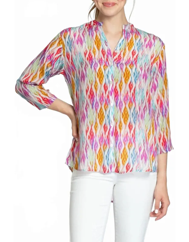 3/4 Sleeve Mandarin Collar Button-up Top
