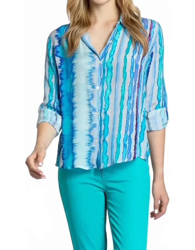Roll Sleeve Button Up Top In Paint - Silky Viscose Blend, Classic Fold-over Collar