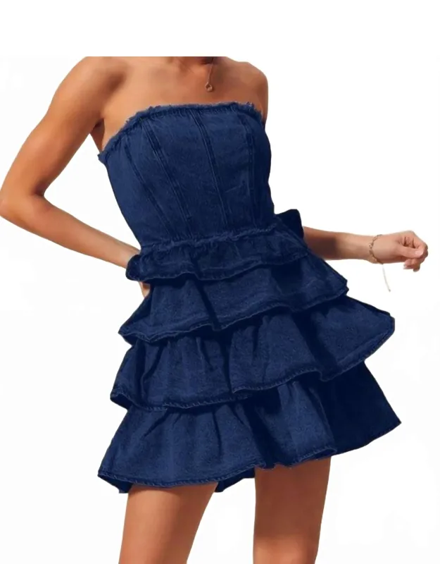 Jean Strapless Dress With Ruffle Layered Design And Stretchy Fit