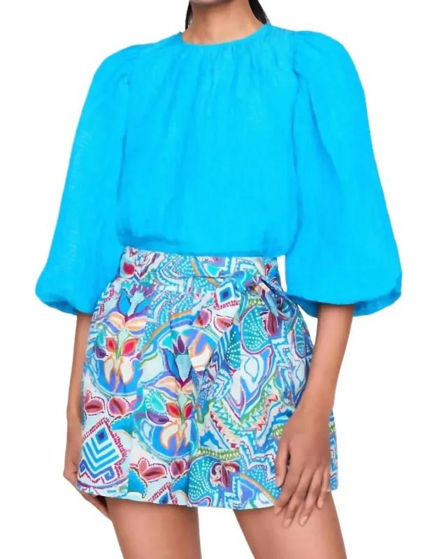 Harly Top - Three-quarter-length Balloon Sleeves, Gathered Neckline