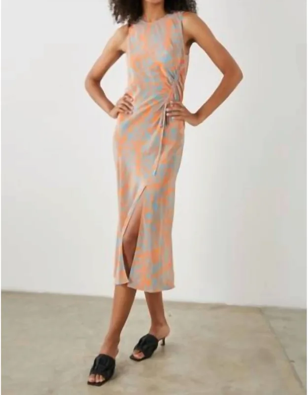 Gabriella Dress In Diffused Cheetah With Ruched Drawstring And Side Slit