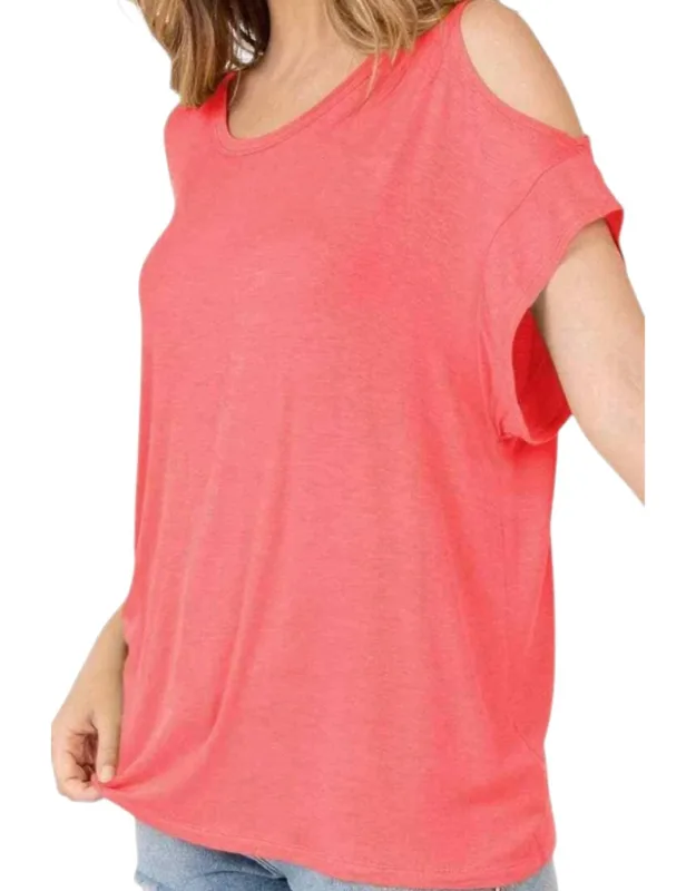 Cold Shoulder Rolled Short Sleeve Round Neck Top With Side Slits