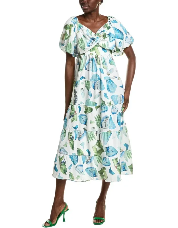 Tiered Midi Dress With Puff Sleeves And Twisted Bodice