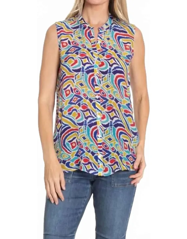 Button Up Tank Top In Ikat Multi