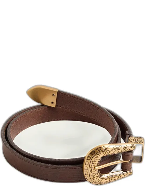 V-logo Engraved Leather Belt