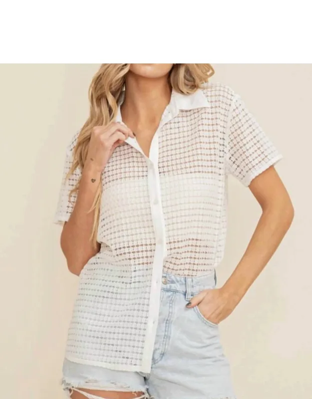 See Through Open Knit Button Down Blouse