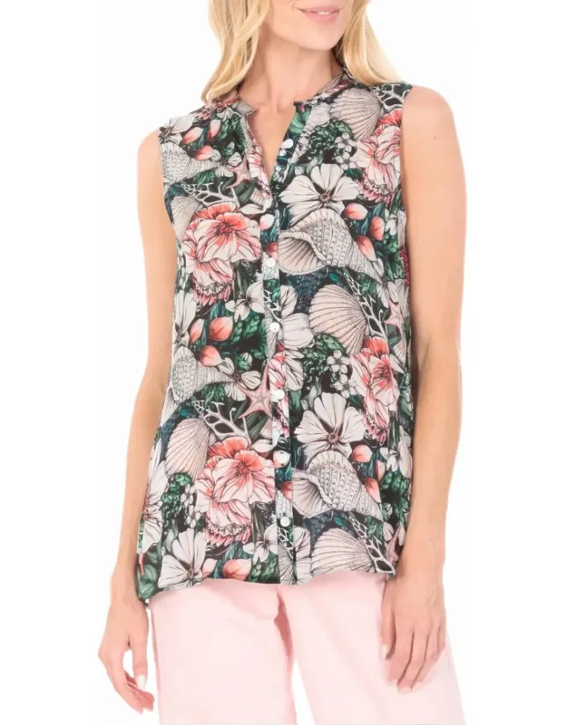 Button Up Tank Top In The Sea-side Floral Print With Silky Finish And Gentle On The Skin