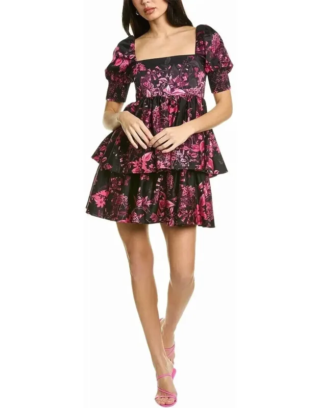 Puff-sleeve Tiered Mini Dress
