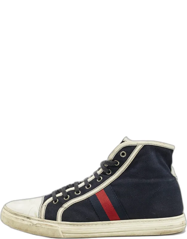 Canvas And Leather Web Detail High Top Sneakers