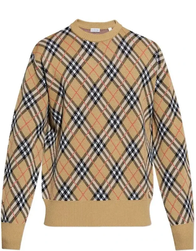 Check-pattern Wool Crew Neck Sweater