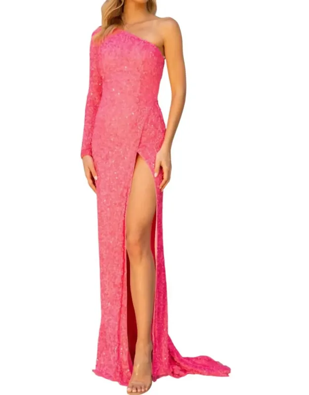 One Shoulder Thigh-high Slit Prom Dress