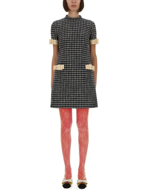 _valentino Boucle Short Dress With Signature Chain Mini Bucket Bag And 45mm Moiré Fabric Bowow Slingback Pumps_
