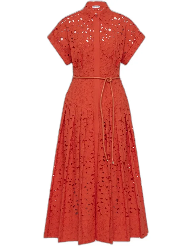 Pleated Floral Lace Midi Shirtdress