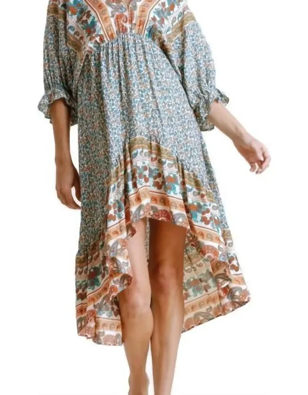Mixed Print Midi Dress With Ruffled Hemline