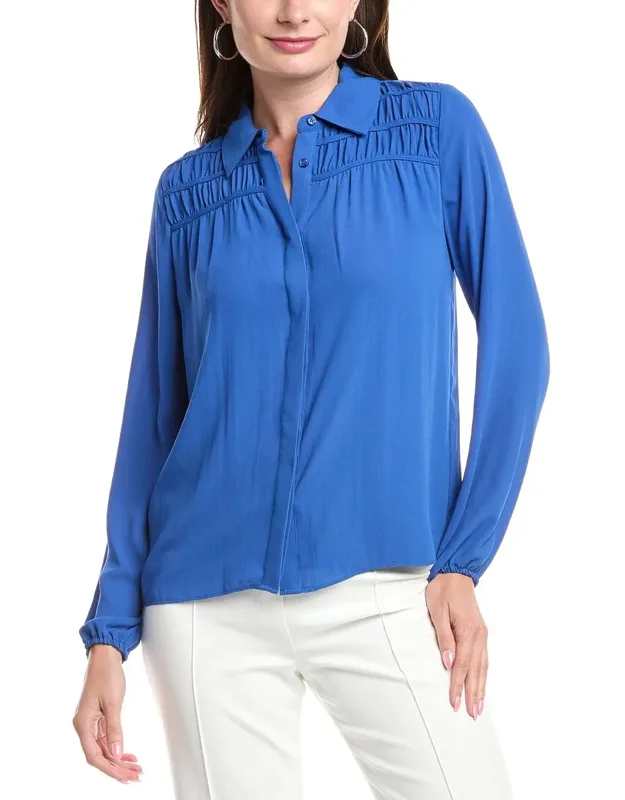 T Tahari Button-down Blouse With Spread Collar And Shirred Yoke
