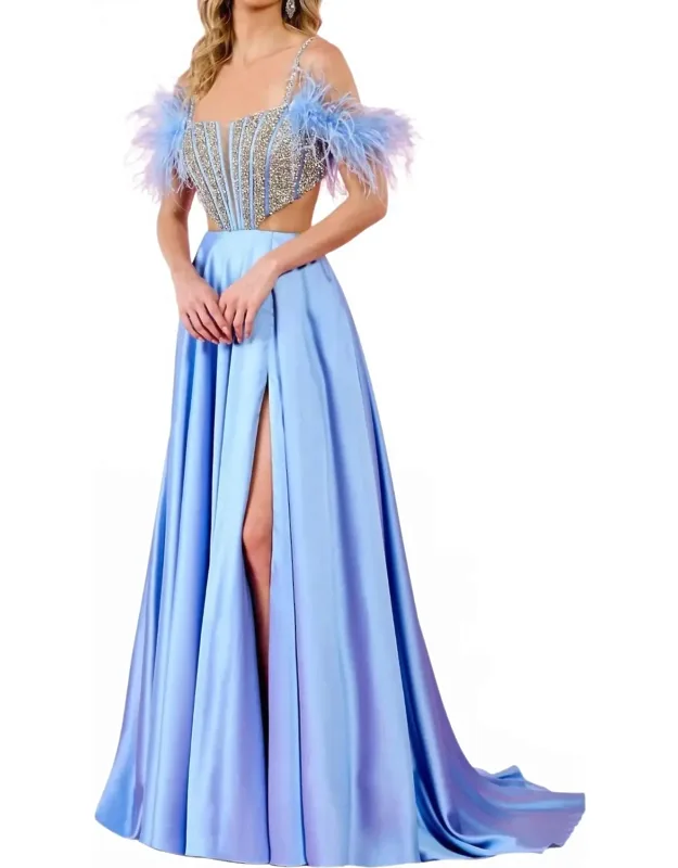 Feather Cap Sleeve Prom Dress