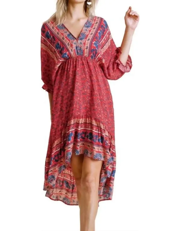 Mixed Print Midi Dress With V-neckline And High-low Ruffled Hemline