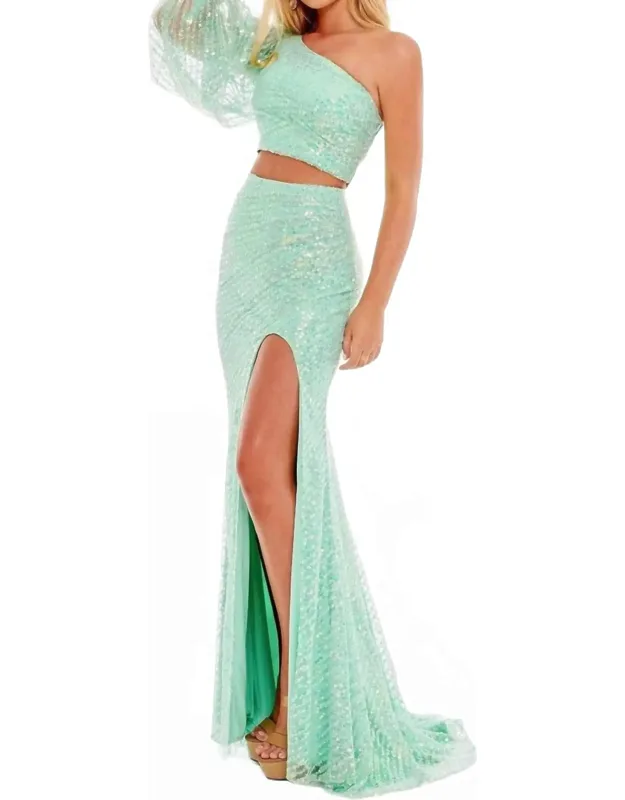 Two-piece Sequin Single Shoulder Prom Dress