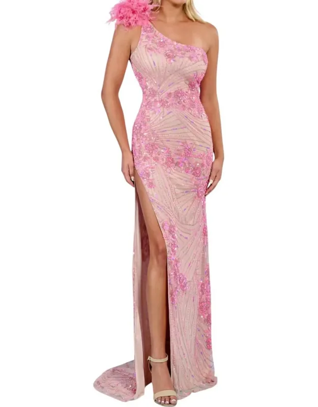 One Shoulder Feathered Prom Dress