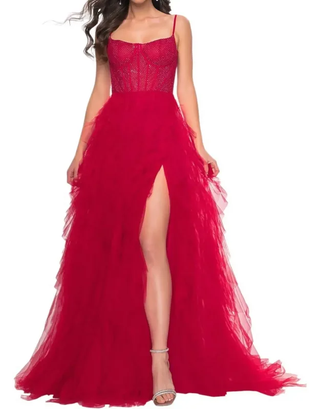 Bustier Fishnet Top Ruffle Tulle Skirt Prom Dress