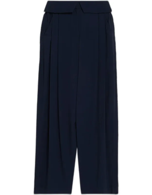 Foldover-waist Pleated Wide-leg Pants