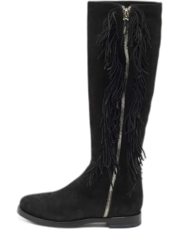 Suede Fringe Trim Knee Length Boots