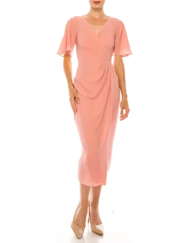 Short Sleeve Wrap Midi Dress With Bubble Crepe And Flattering V-neckline