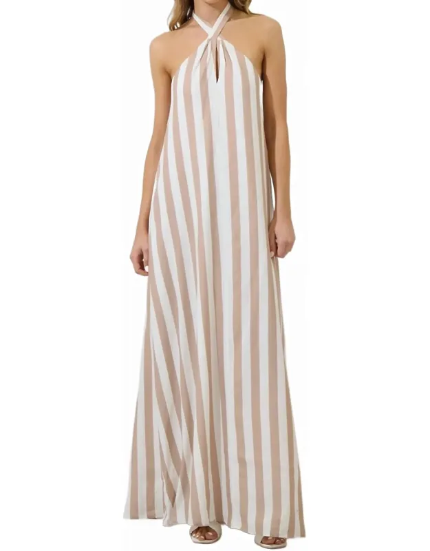 Emerly Striped Sabria Maxi Dress With Halter Neck And Adjustable Tie Back