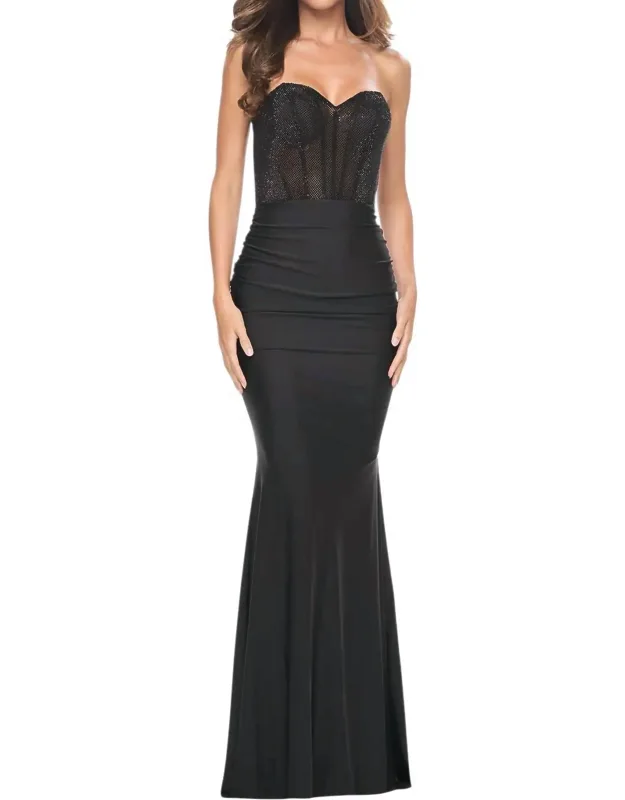 Rhinestone Fishnet Bodice Prom Dress