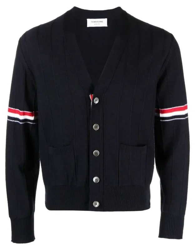 Sweater V-neck Cardigan With Front Button Fastening And Rwb Stripe