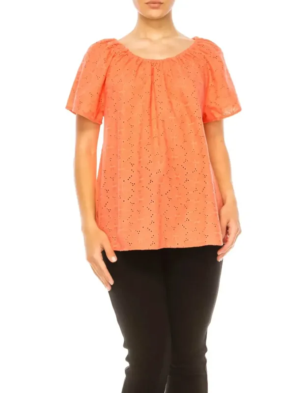 Floral Eyelet Elastic Neckline Top