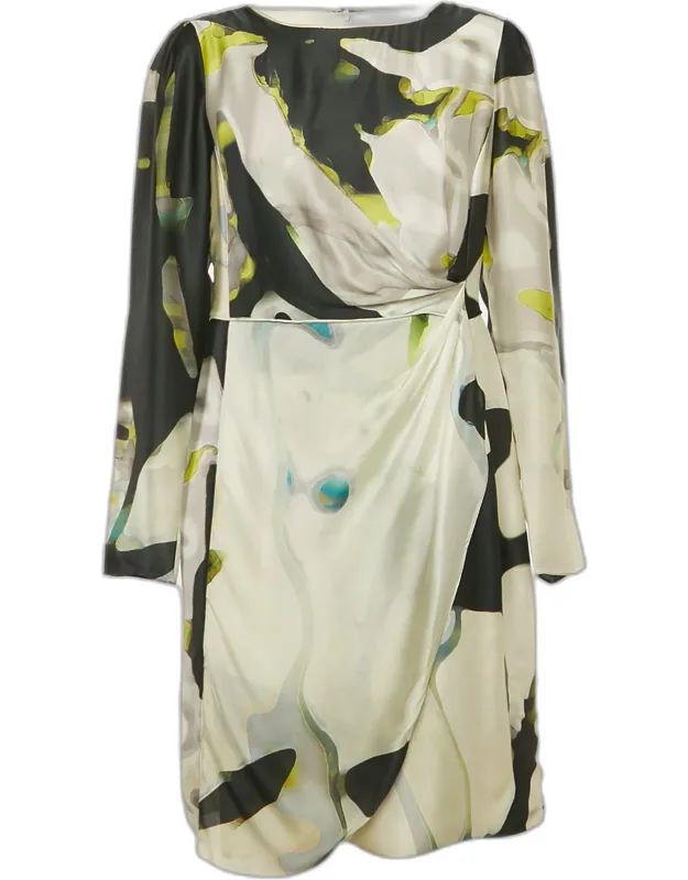 Multicolor Printed Satin Draped Mini Dress
