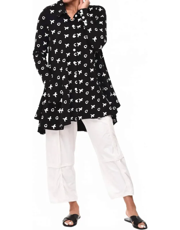 Lauryn Button Down Tunic Shirt In Mini Xo With Large Front Pockets And Unique Hook And Eye Closure