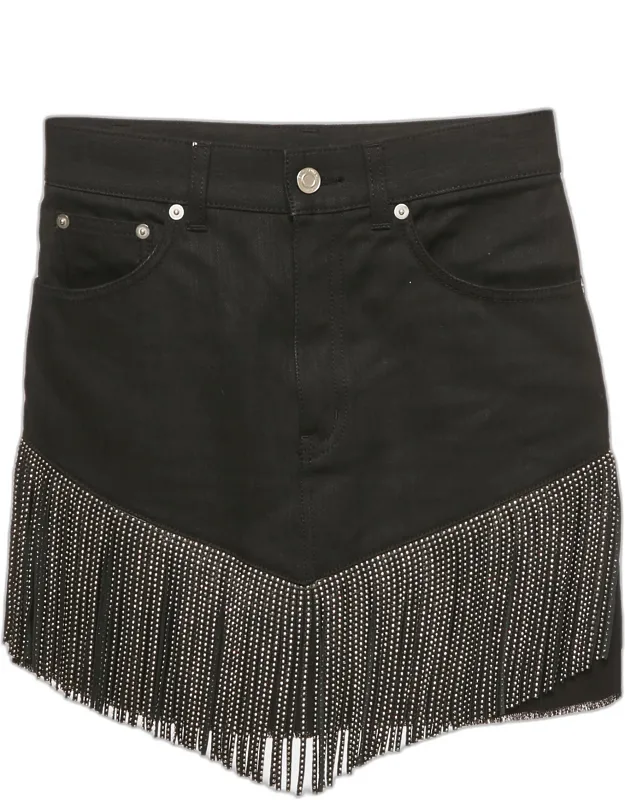 Studded Leather Fringe Trim Denim Skirt