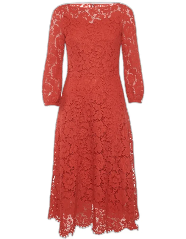 Red Corded Lace Long Sleeve Midi Dress