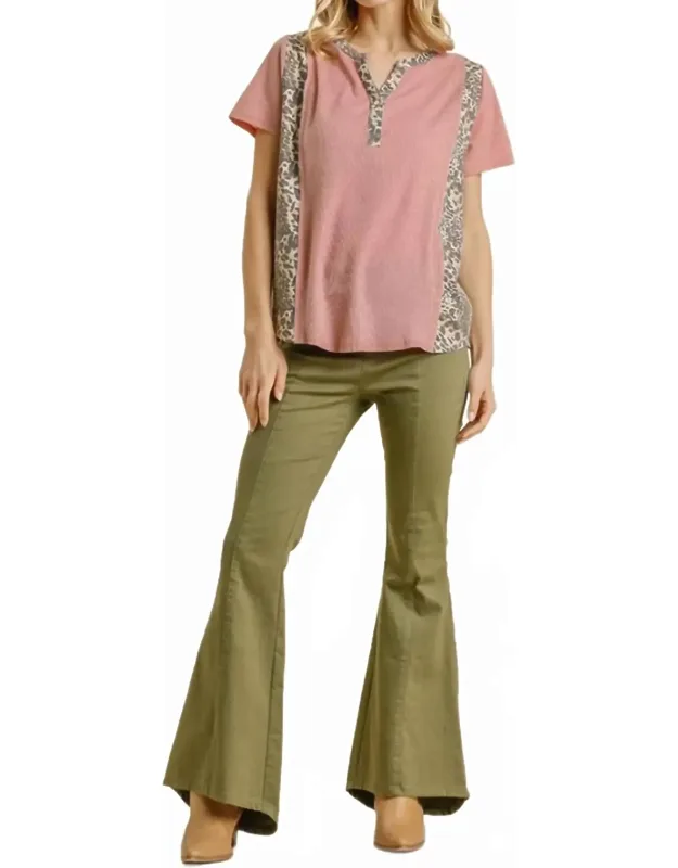 Leopard Trim Waffle Knit Top - Soft Stretchy Fit, Stylish Split V-neckline