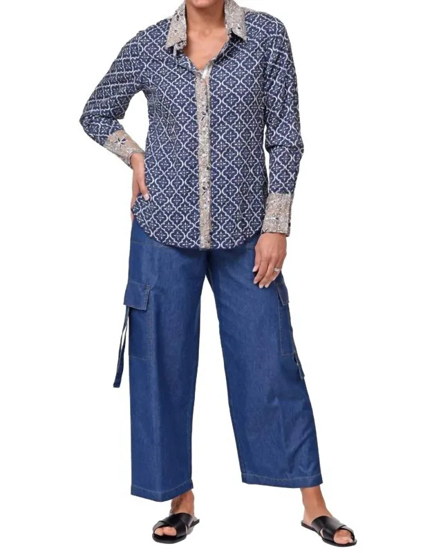 Gretchen Button Down Blouse In 100% Cotton With Unique Crinkled Texture