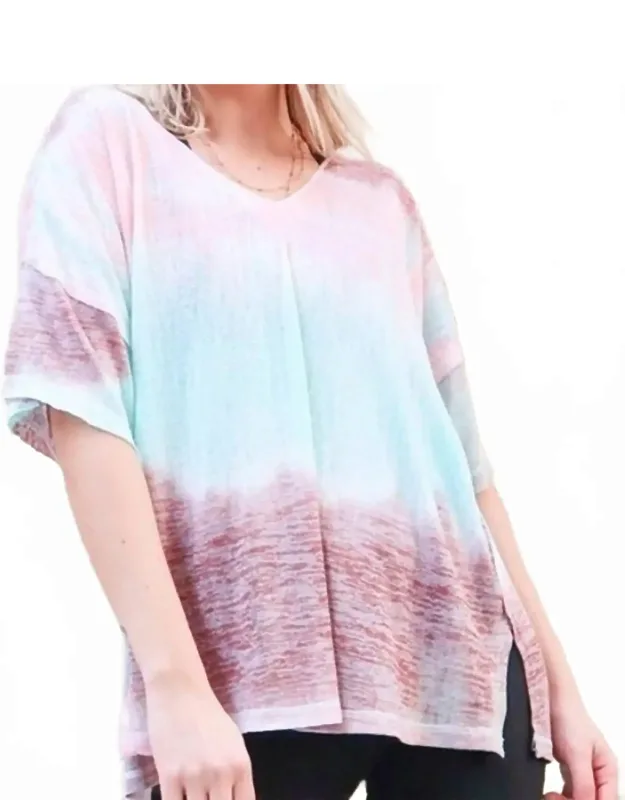 Cotton Blend Tie Dye V Neck Distressed Casual Top