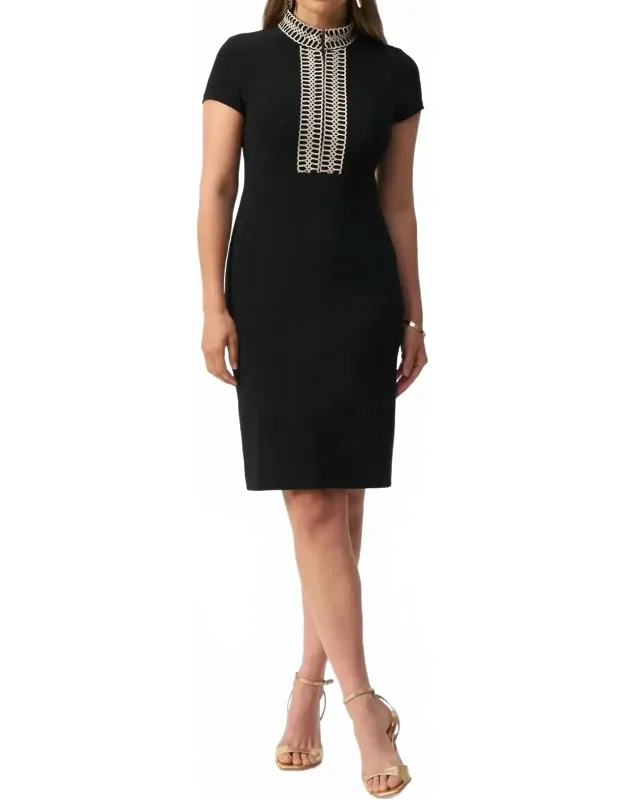 Embroidered High Neck Sheath Dress