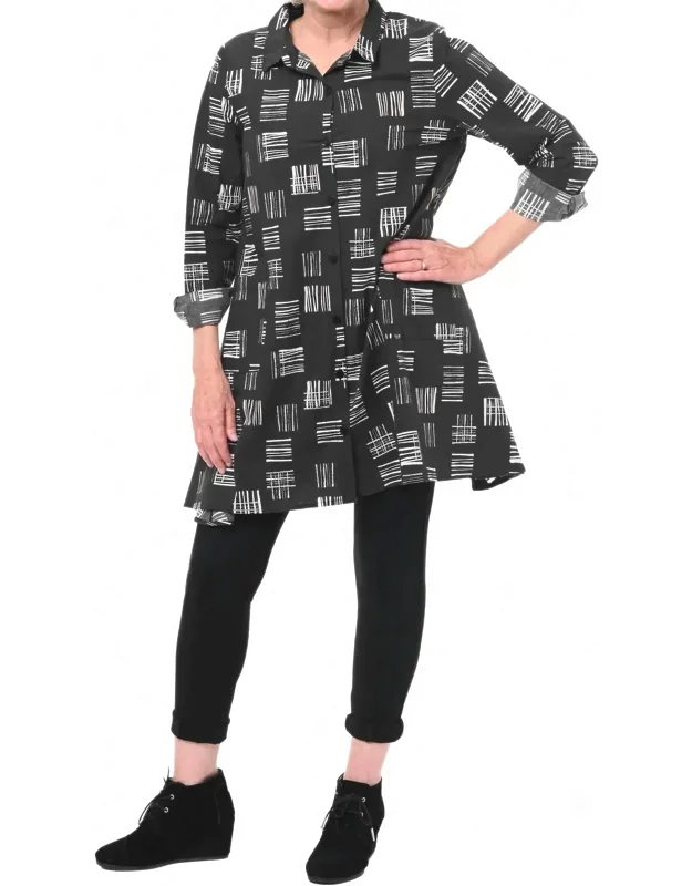 Destin Button Down Tunic In Hash Tags With Flattering Silhouette And Classic Button Closure