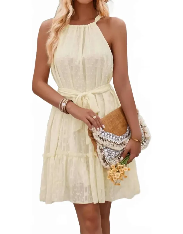 Textured Embroidered Print Belted Halter Dress